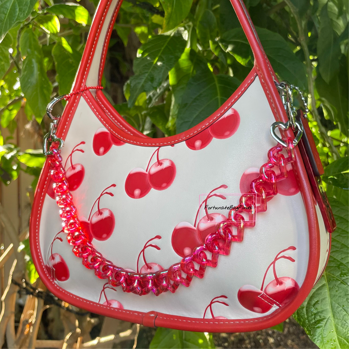 Cherry Red Iridescent Triple Hearts Novelty Resin Bag Purse Chain Strap
