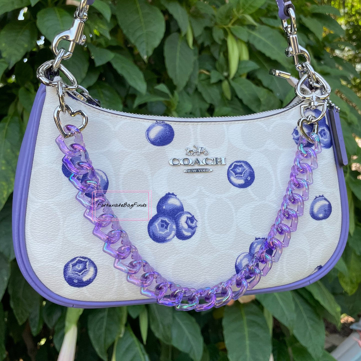 Violet Purple Triple Hearts Novelty Resin Bag Purse Chain Strap