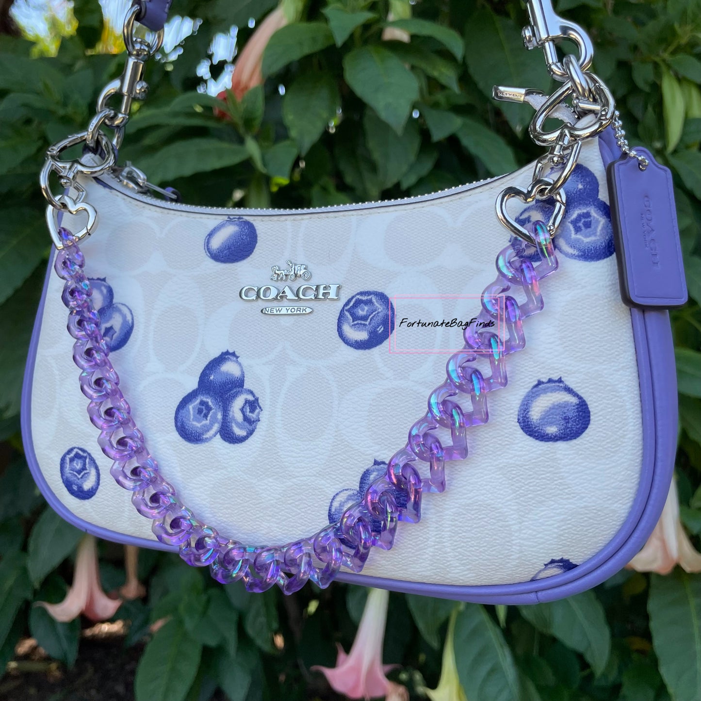 Violet Purple Triple Hearts Novelty Resin Bag Purse Chain Strap