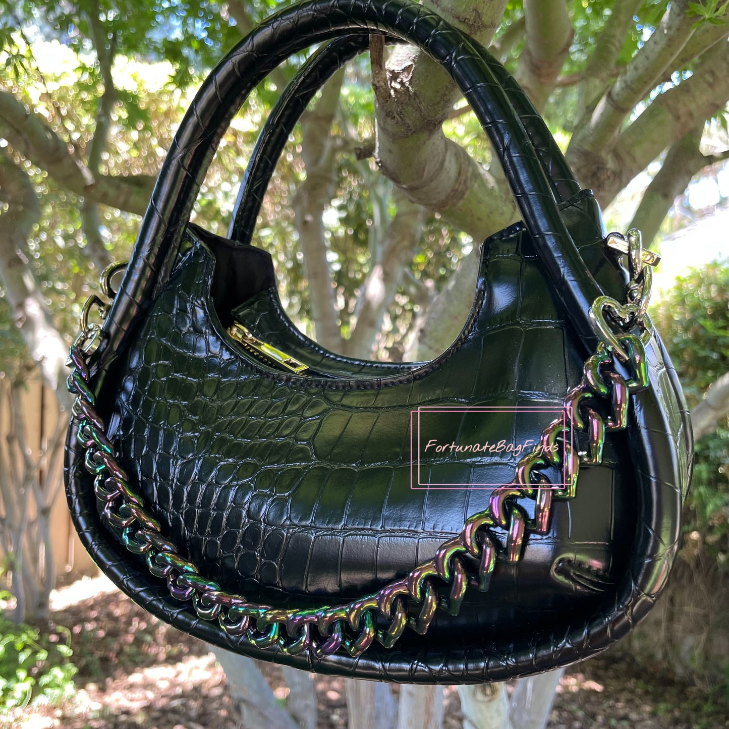 Oil Slick Black Rainbow Triple Hearts Novelty Resin Bag Purse Chain Strap