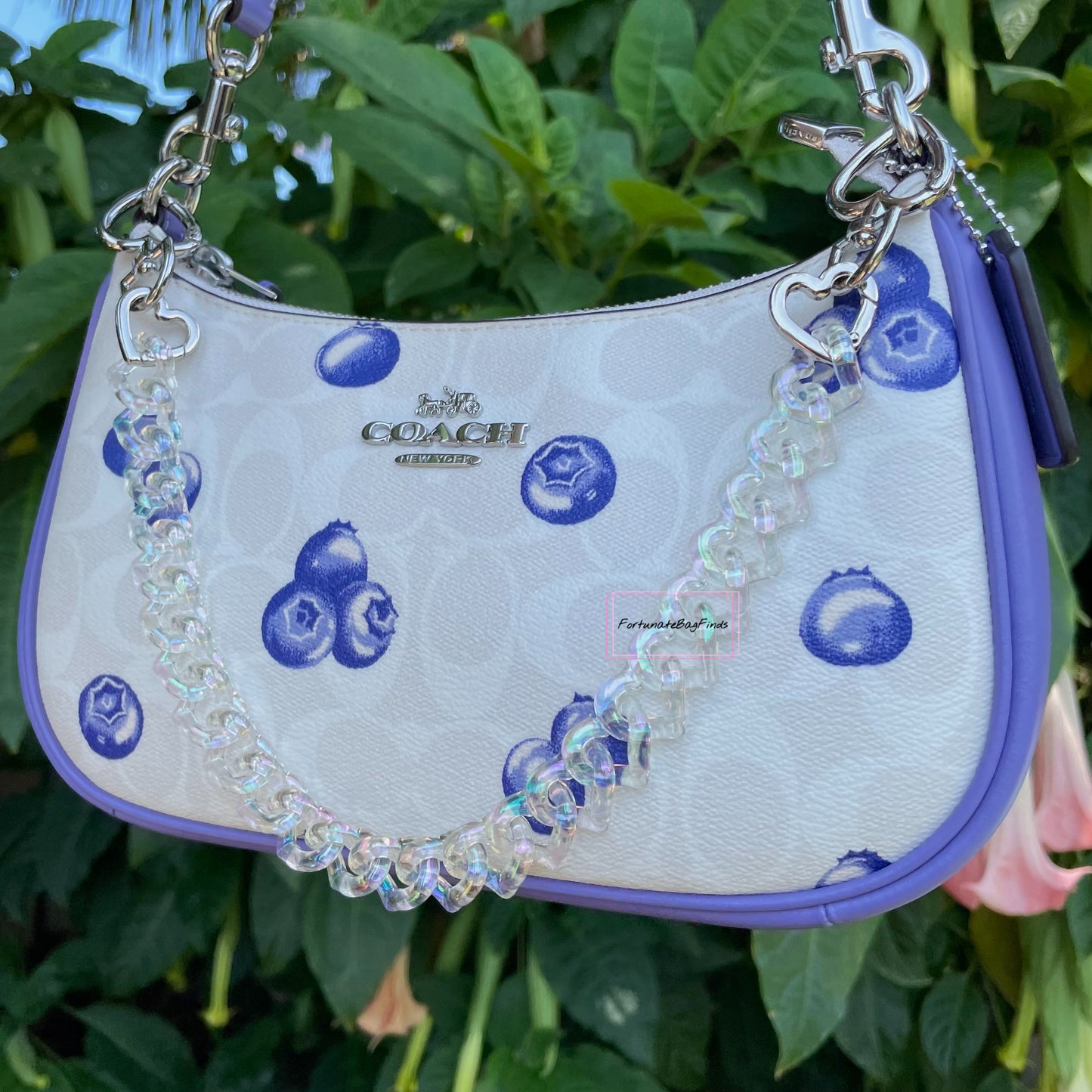Iridescent Clear Rainbow Ice Triple Hearts Novelty Resin Bag Purse Chain Strap