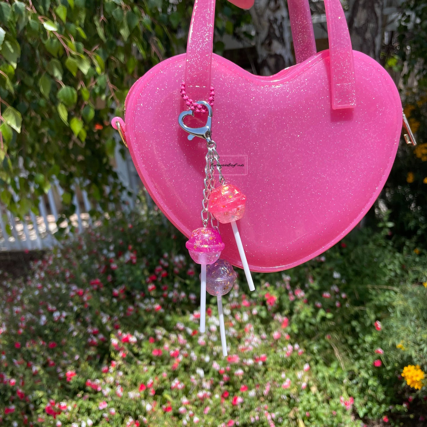 Cosmic Candy Cluster Iridescent Glitter Pink Purple Lollipop Bag Purse Charm Keychain