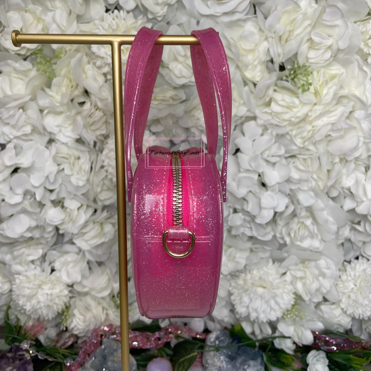 Fortunate Bag Finds Pink Glitter Jelly Hot Pink Heart Crossbody Bag Purse