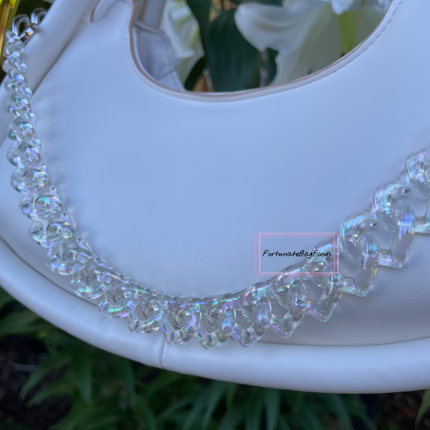 Iridescent Clear Rainbow Ice Triple Hearts Novelty Resin Bag Purse Chain Strap