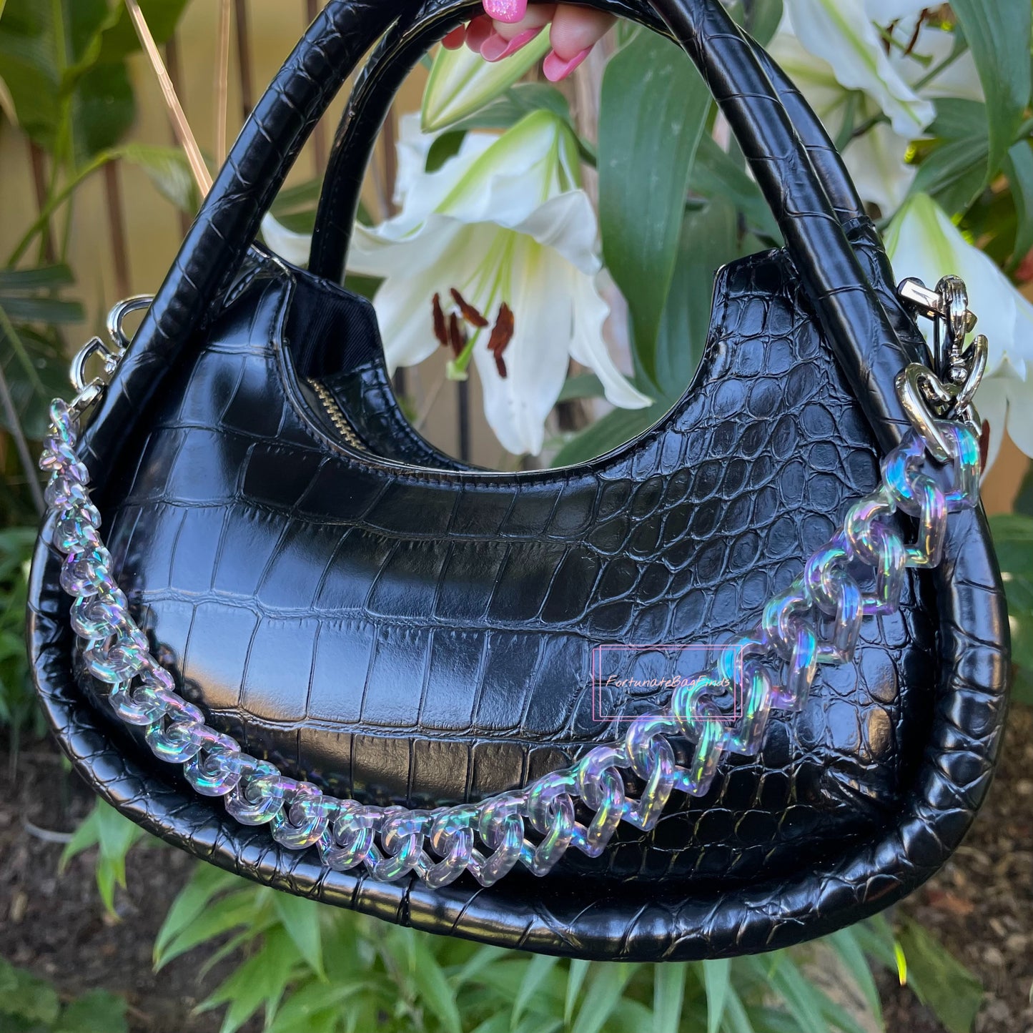 Smoky Black Rainbow Triple Hearts Novelty Resin Bag Purse Chain Strap