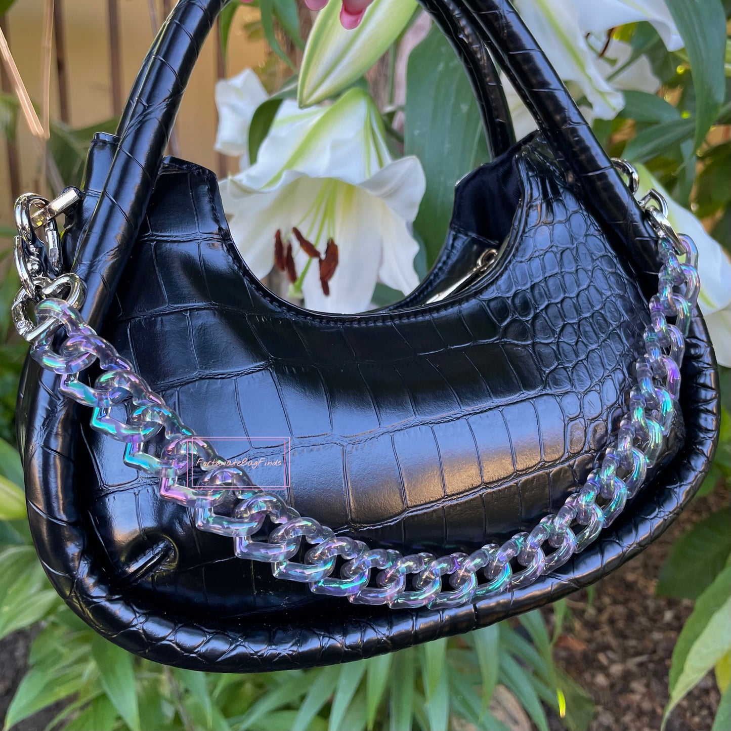 Smoky Black Rainbow Triple Hearts Novelty Resin Bag Purse Chain Strap