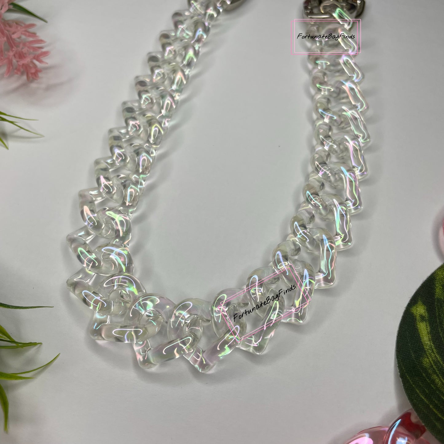 Iridescent Clear Rainbow Ice Triple Hearts Novelty Resin Bag Purse Chain Strap