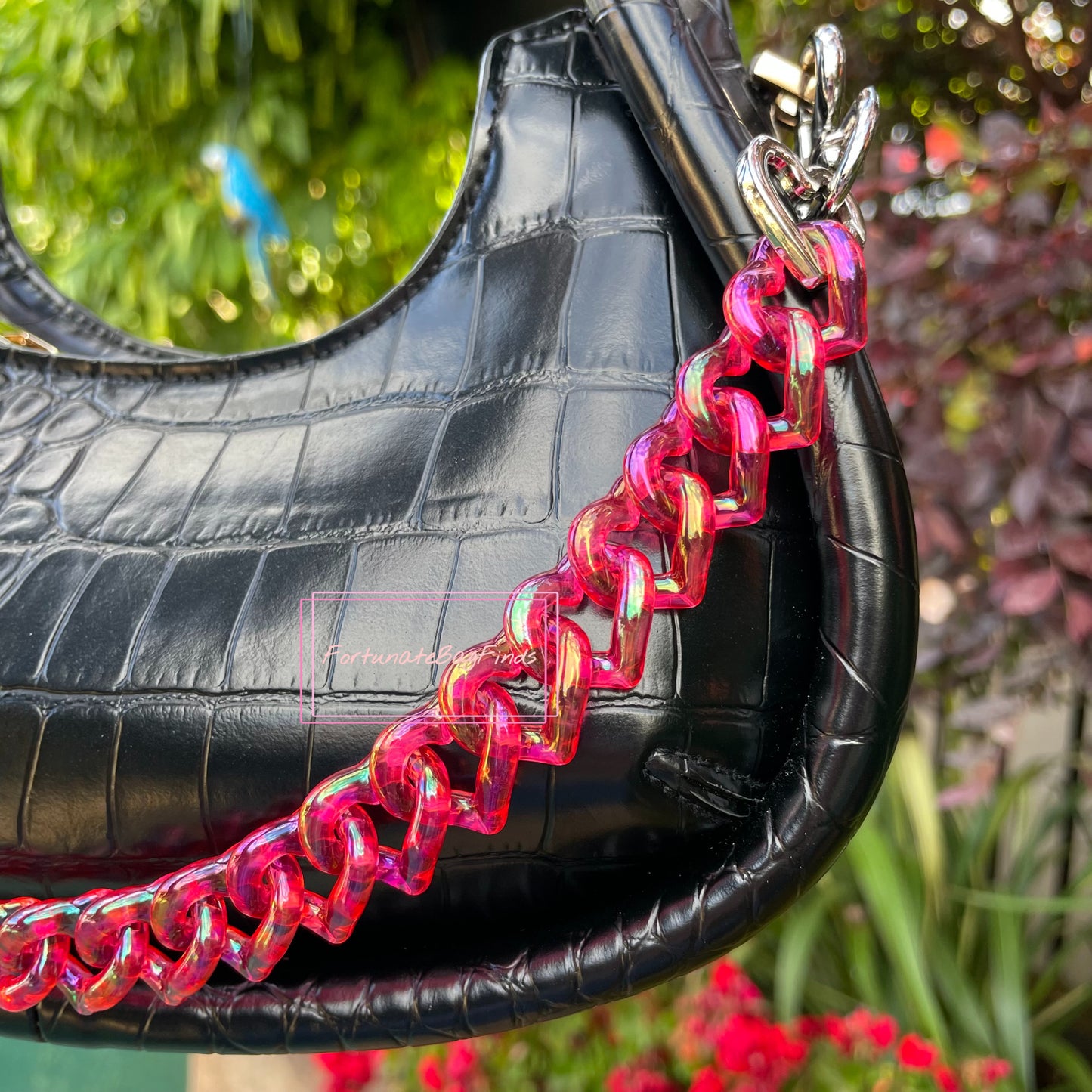 Cherry Red Iridescent Triple Hearts Novelty Resin Bag Purse Chain Strap