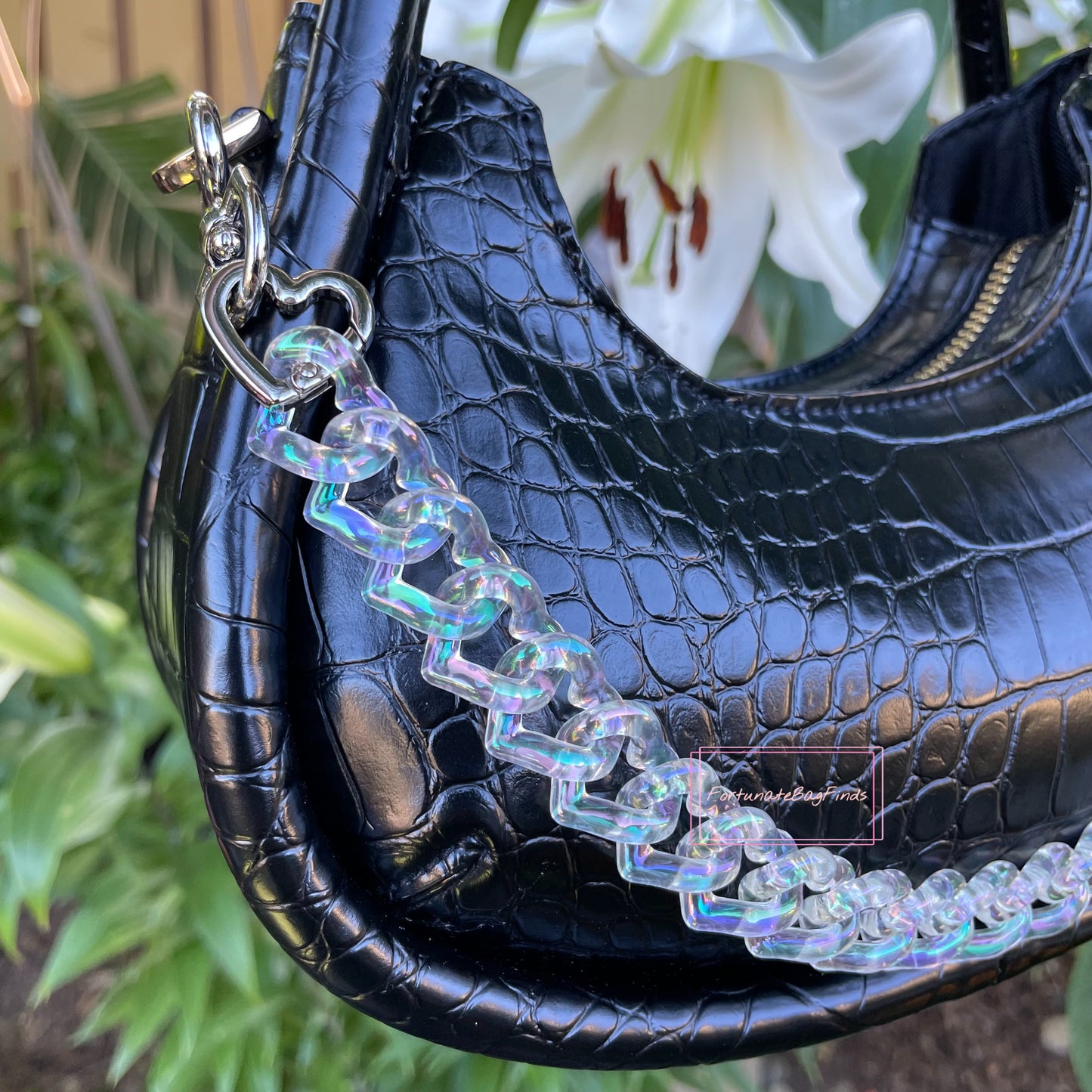 Iridescent Clear Rainbow Ice Triple Hearts Novelty Resin Bag Purse Chain Strap