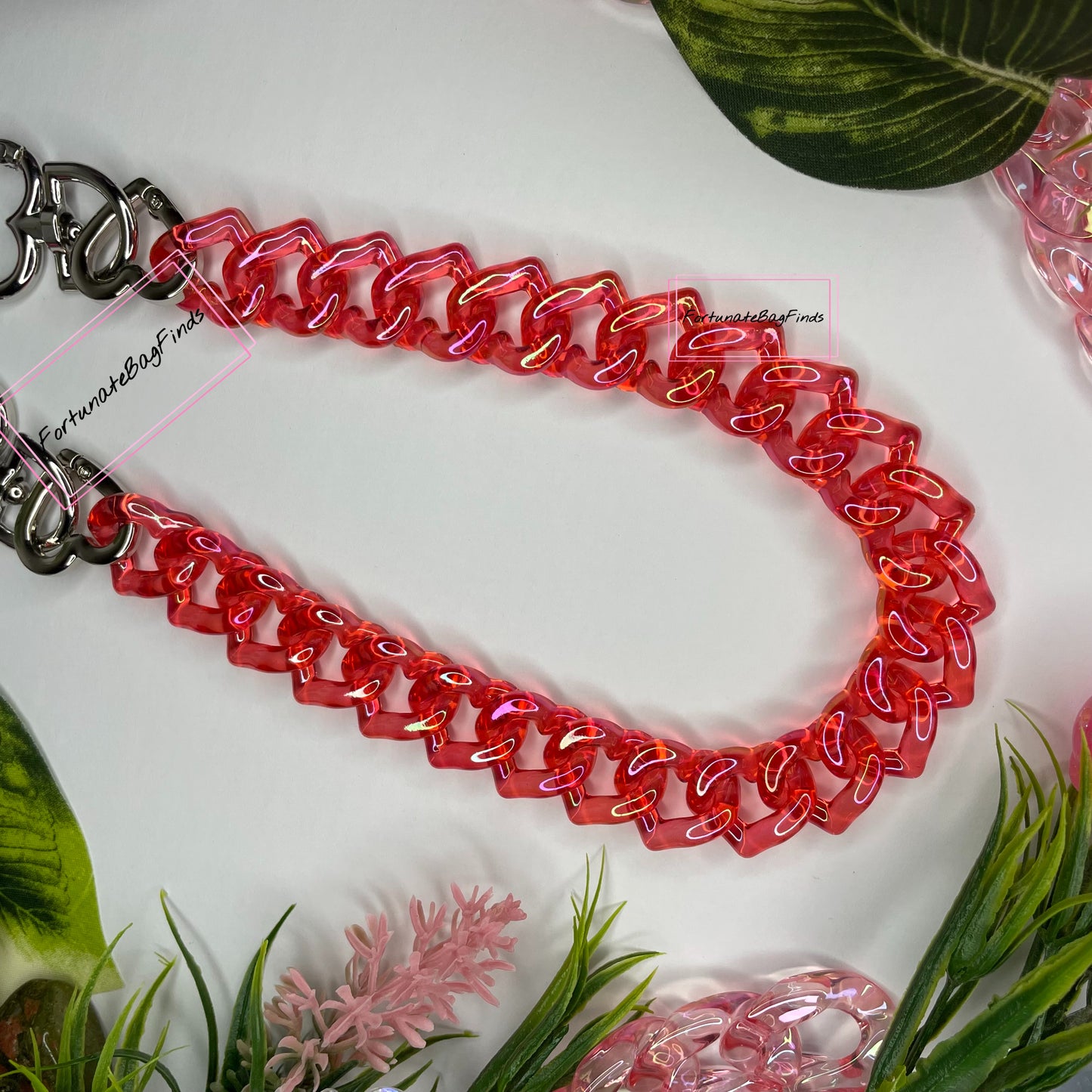 Cherry Red Iridescent Triple Hearts Novelty Resin Bag Purse Chain Strap