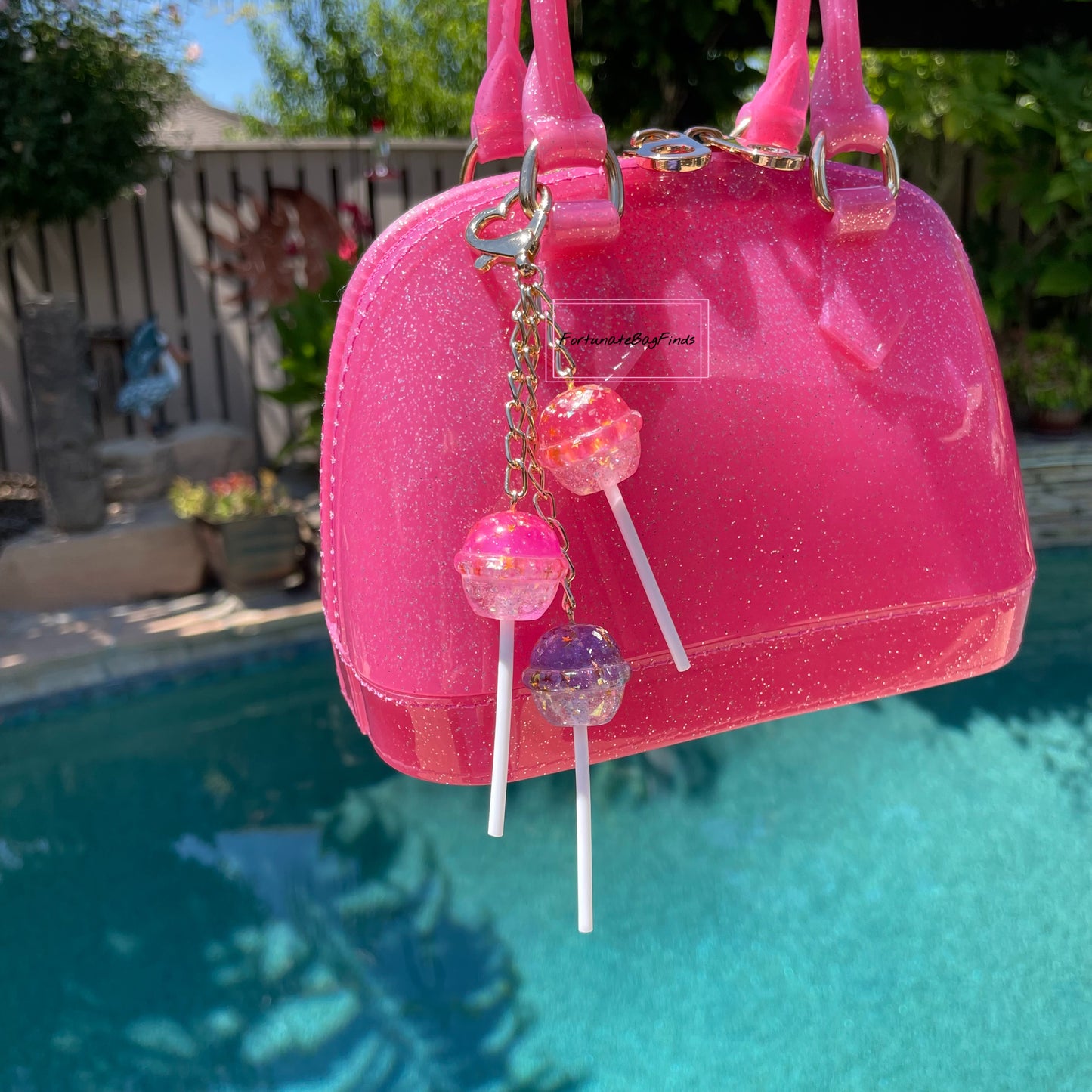 Cosmic Candy Cluster Iridescent Glitter Pink Purple Lollipop Bag Purse Charm Keychain