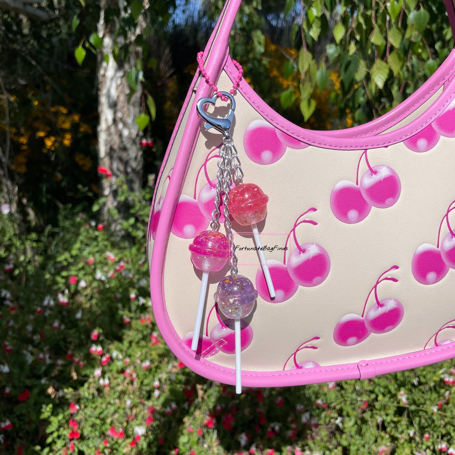 Cosmic Candy Cluster Iridescent Glitter Pink Purple Lollipop Bag Purse Charm Keychain