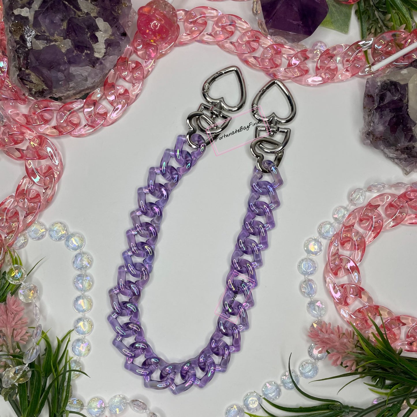 Violet Purple Triple Hearts Novelty Resin Bag Purse Chain Strap