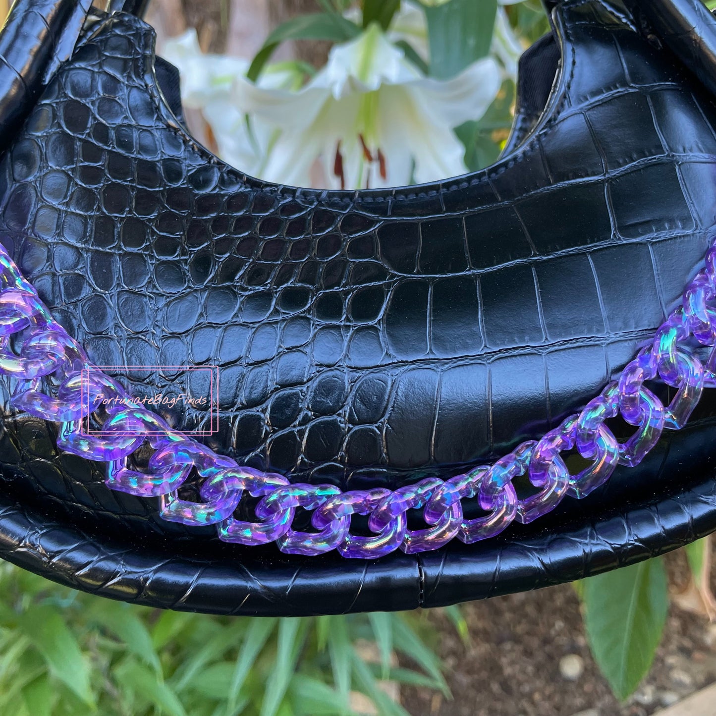 Violet Purple Triple Hearts Novelty Resin Bag Purse Chain Strap