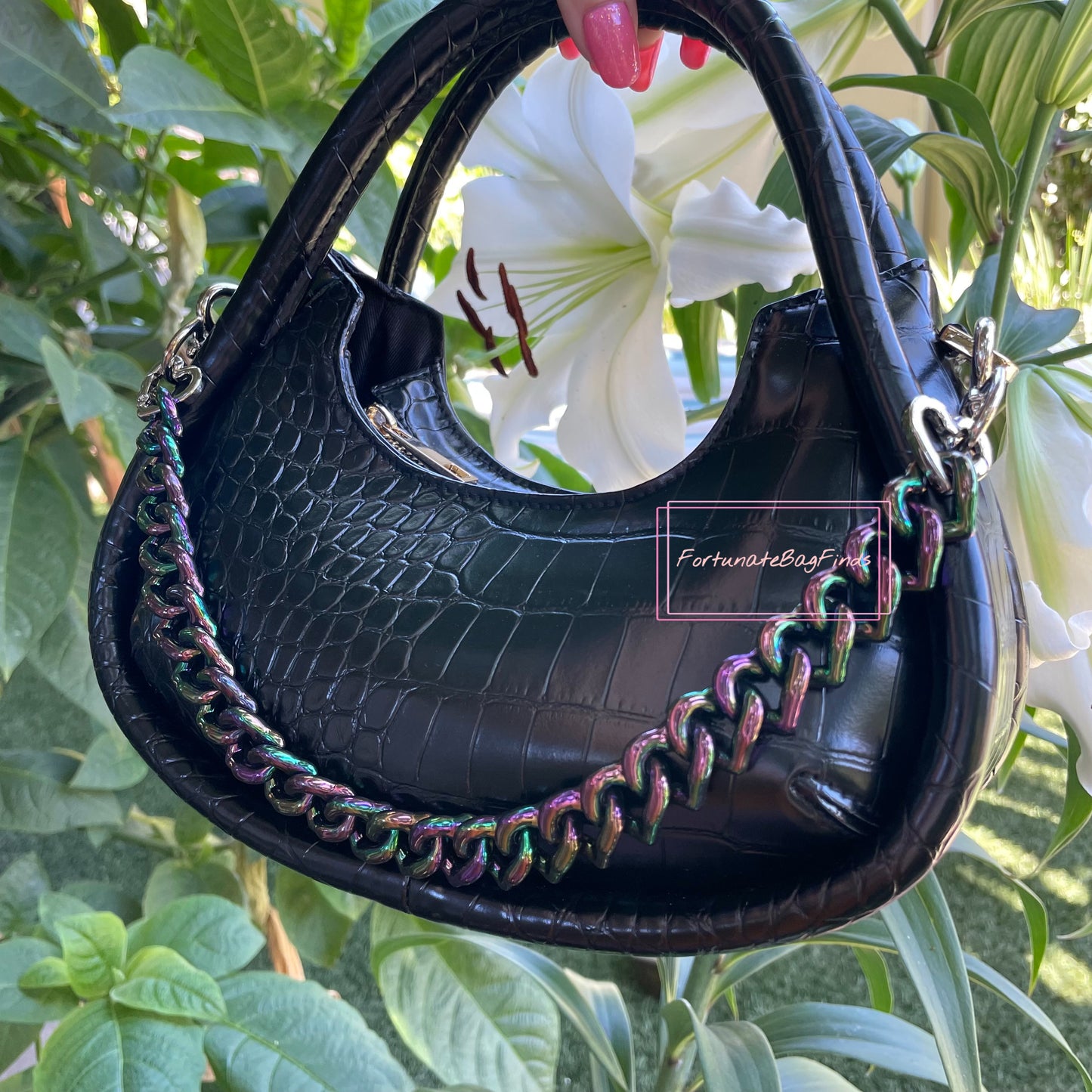 Oil Slick Black Rainbow Triple Hearts Novelty Resin Bag Purse Chain Strap