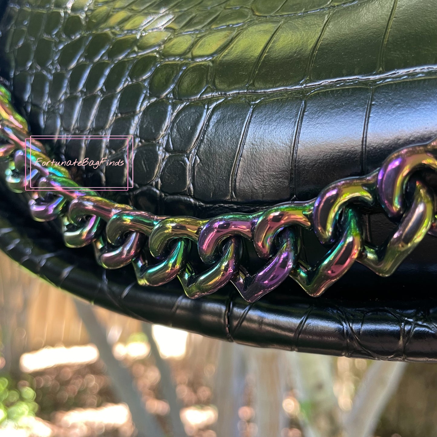 Oil Slick Black Rainbow Triple Hearts Novelty Resin Bag Purse Chain Strap