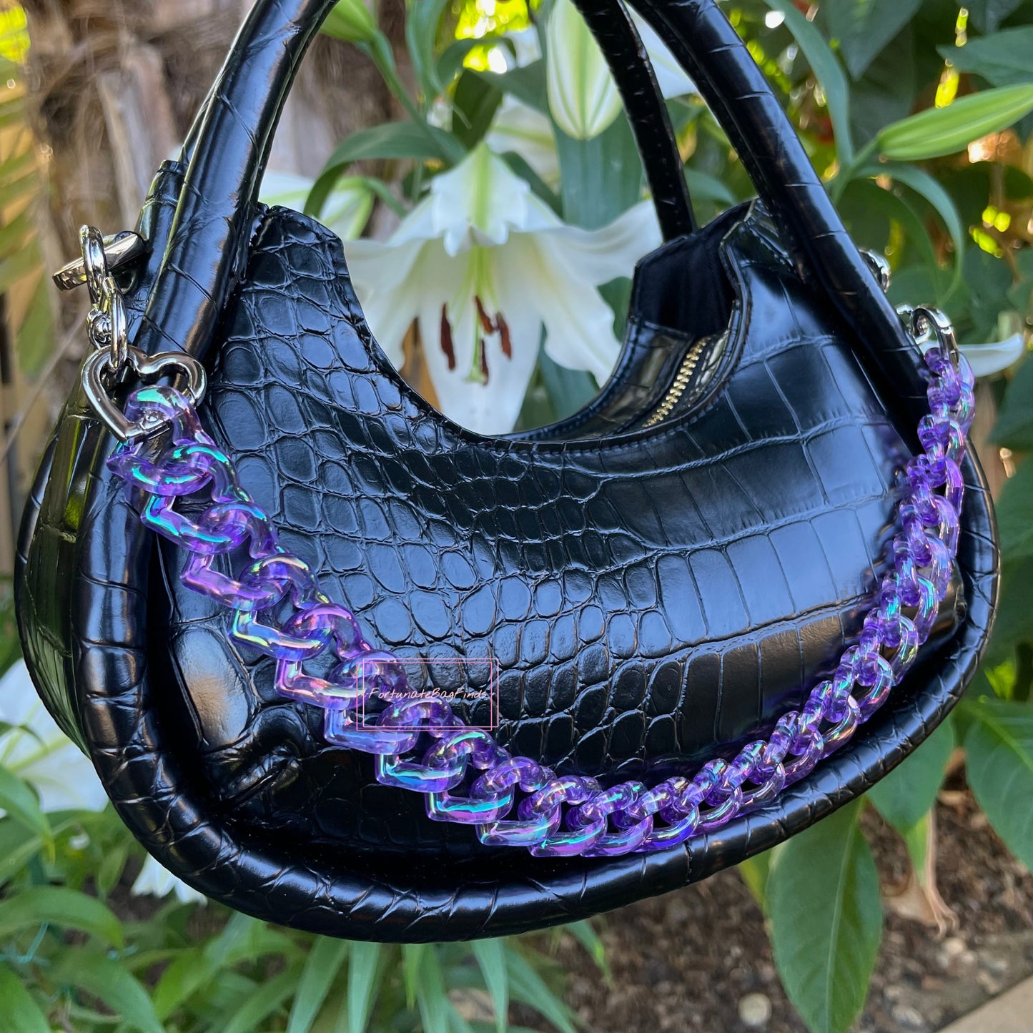 Violet Purple Triple Hearts Novelty Resin Bag Purse Chain Strap