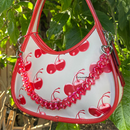 Cherry Red Iridescent Triple Hearts Novelty Resin Bag Purse Chain Strap