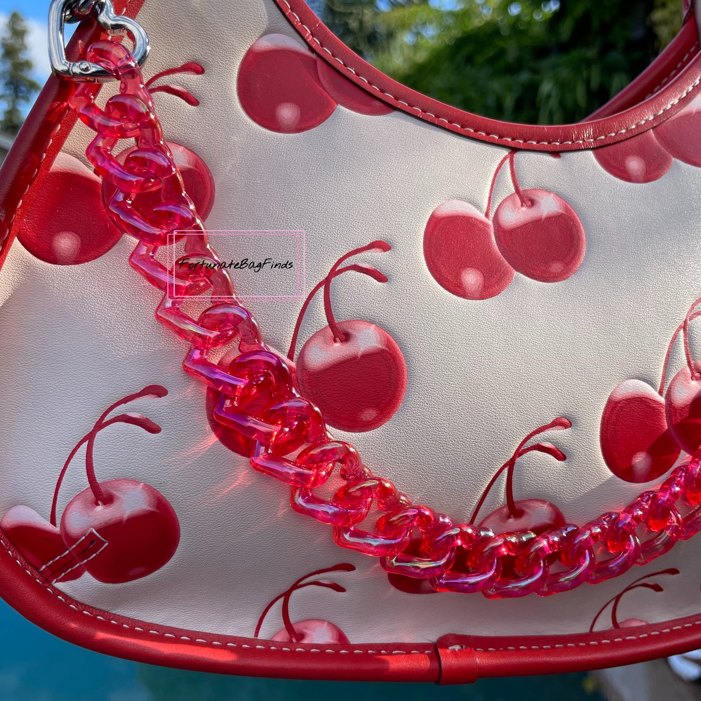 Cherry Red Iridescent Triple Hearts Novelty Resin Bag Purse Chain Strap