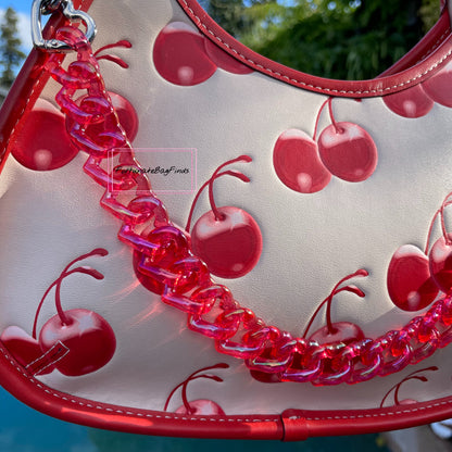Cherry Red Iridescent Triple Hearts Novelty Resin Bag Purse Chain Strap