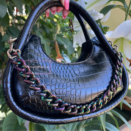 Oil Slick Black Rainbow Triple Hearts Novelty Resin Bag Purse Chain Strap