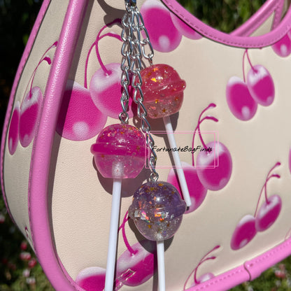 Cosmic Candy Cluster Iridescent Glitter Pink Purple Lollipop Bag Purse Charm Keychain