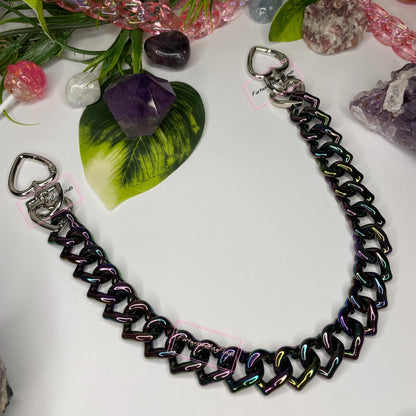 Oil Slick Black Rainbow Triple Hearts Novelty Resin Bag Purse Chain Strap