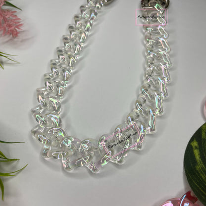 Iridescent Clear Rainbow Ice Triple Hearts Novelty Resin Bag Purse Chain Strap