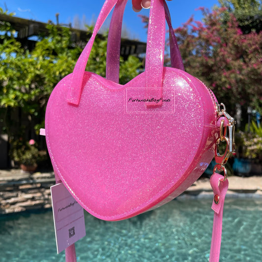 Fortunate Bag Finds Pink Glitter Jelly Hot Pink Heart Crossbody Bag Purse