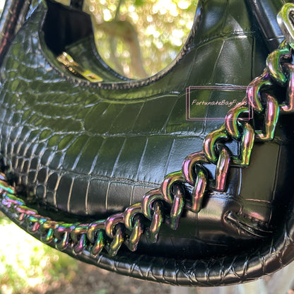 Oil Slick Black Rainbow Triple Hearts Novelty Resin Bag Purse Chain Strap