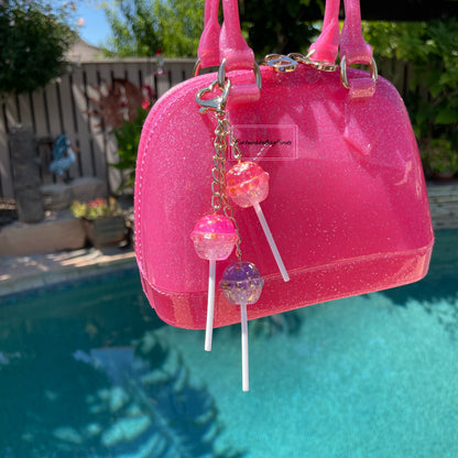 Cosmic Candy Cluster Iridescent Glitter Pink Purple Lollipop Bag Purse Charm Keychain
