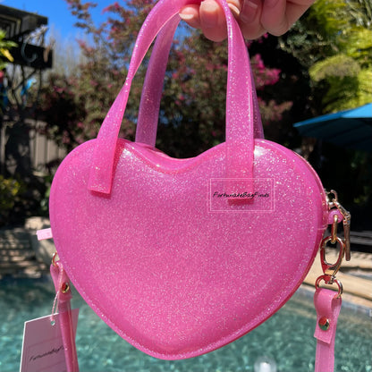 Fortunate Bag Finds Pink Glitter Jelly Hot Pink Heart Crossbody Bag Purse