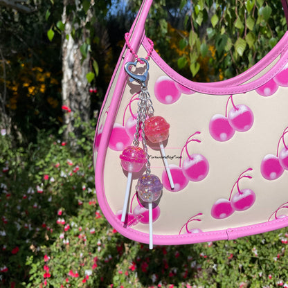 Cosmic Candy Cluster Iridescent Glitter Pink Purple Lollipop Bag Purse Charm Keychain