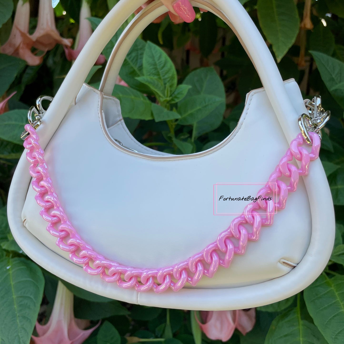 Light Baby Pink Pearl Triple Hearts Novelty Resin Bag Purse Chain Strap