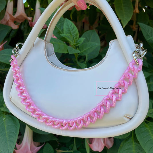Light Baby Pink Pearl Triple Hearts Novelty Resin Bag Purse Chain Strap