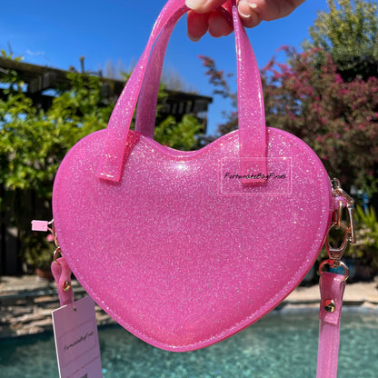 Fortunate Bag Finds Pink Glitter Jelly Hot Pink Heart Crossbody Bag Purse