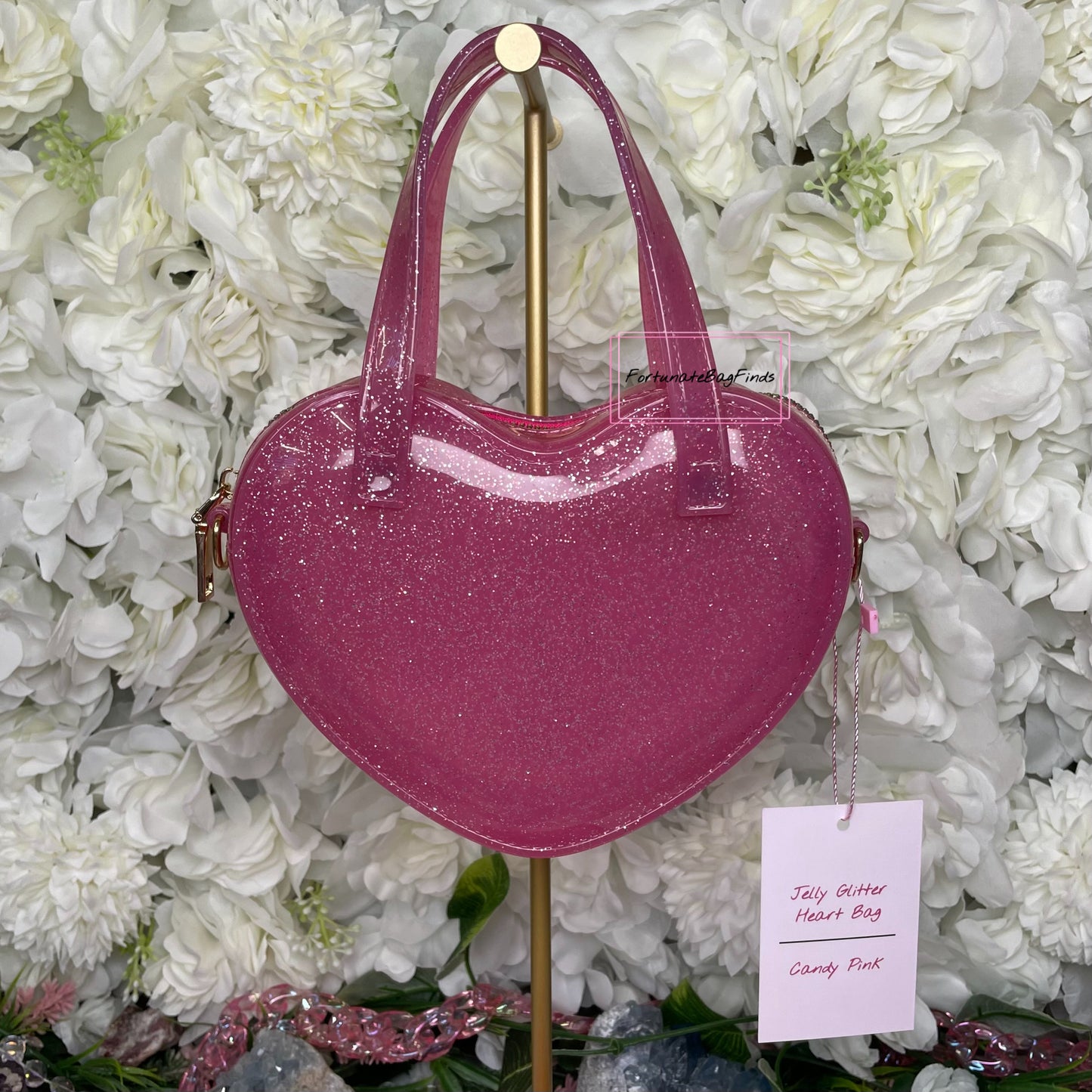 Fortunate Bag Finds Pink Glitter Jelly Hot Pink Heart Crossbody Bag Purse