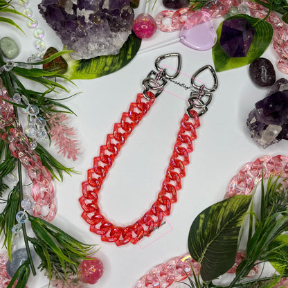 Cherry Red Iridescent Triple Hearts Novelty Resin Bag Purse Chain Strap