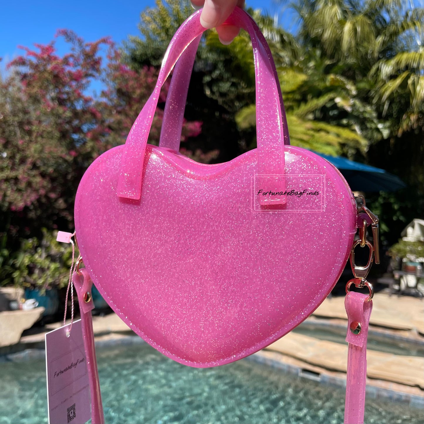 Fortunate Bag Finds Pink Glitter Jelly Hot Pink Heart Crossbody Bag Purse