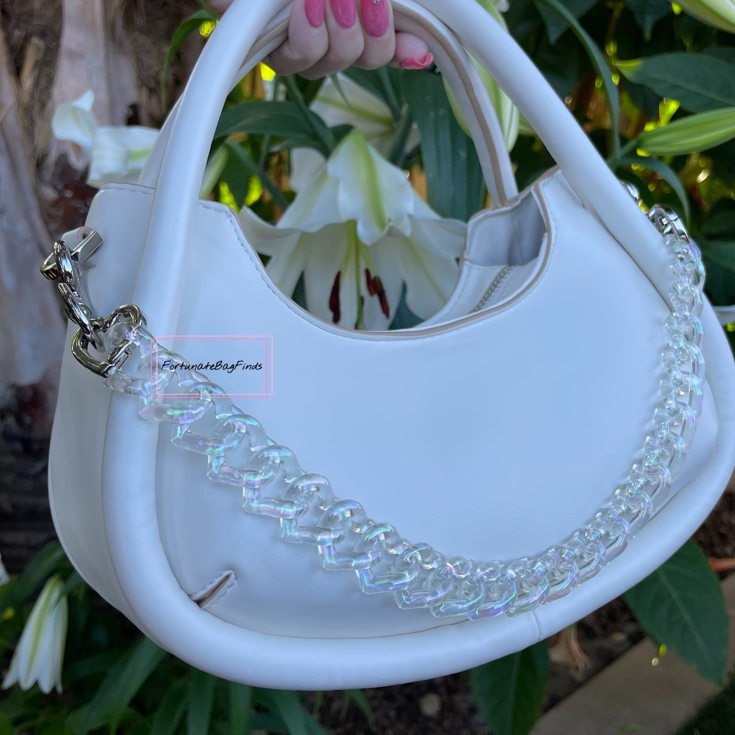 Iridescent Clear Rainbow Ice Triple Hearts Novelty Resin Bag Purse Chain Strap