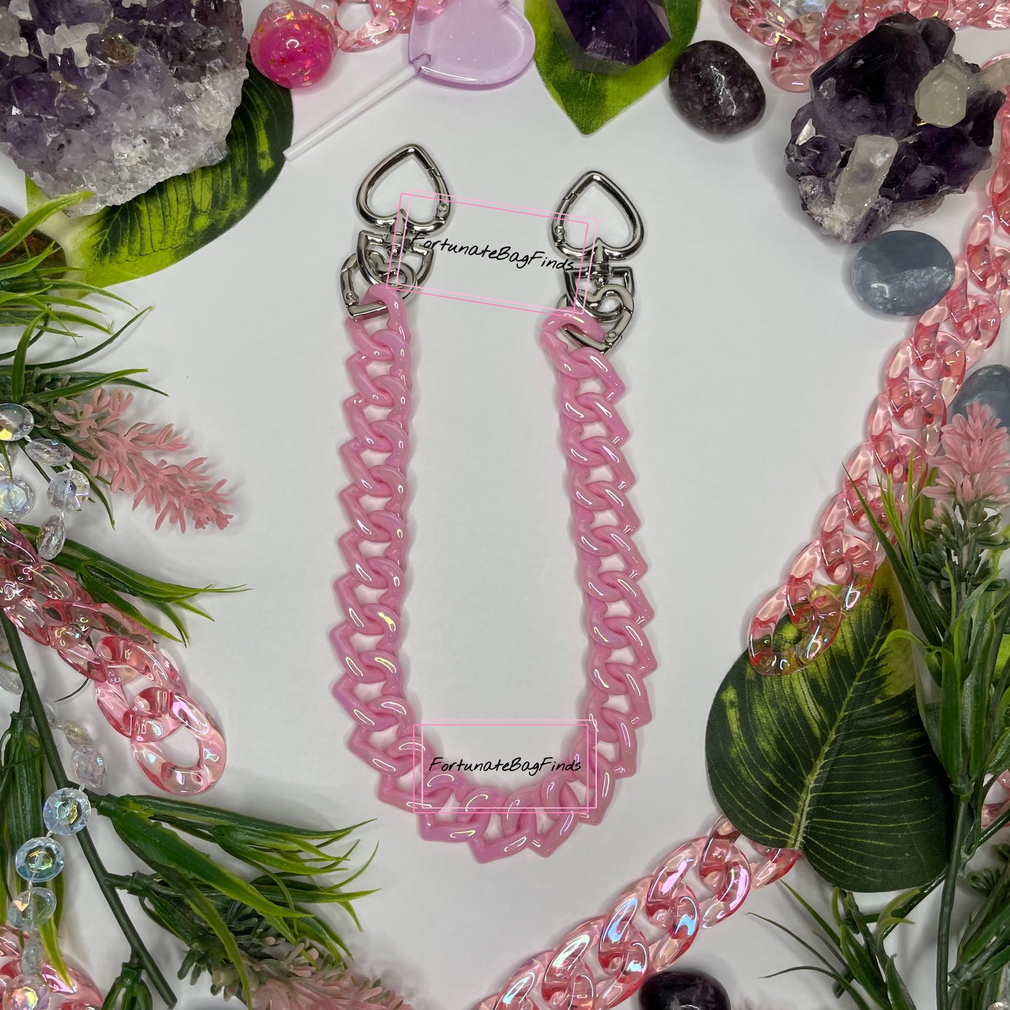 Light Baby Pink Pearl Triple Hearts Novelty Resin Bag Purse Chain Strap