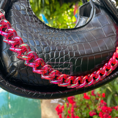 Cherry Red Iridescent Triple Hearts Novelty Resin Bag Purse Chain Strap