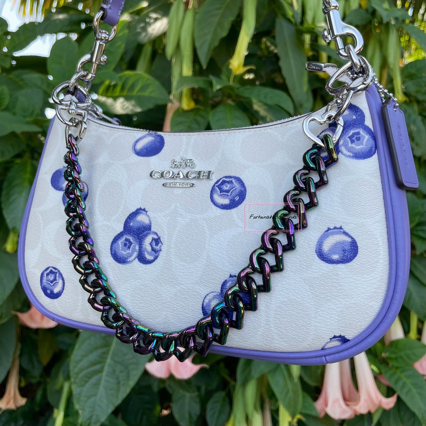 Oil Slick Black Rainbow Triple Hearts Novelty Resin Bag Purse Chain Strap