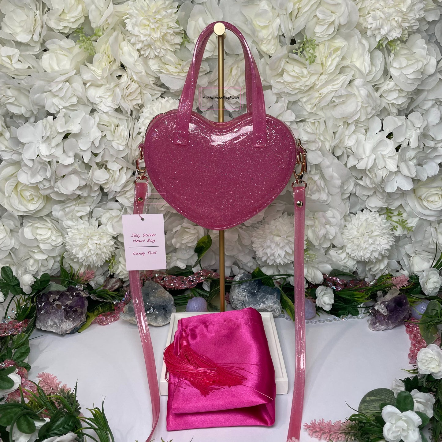 Fortunate Bag Finds Pink Glitter Jelly Hot Pink Heart Crossbody Bag Purse