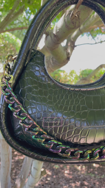 Oil Slick Black Rainbow Triple Hearts Novelty Resin Bag Purse Chain Strap