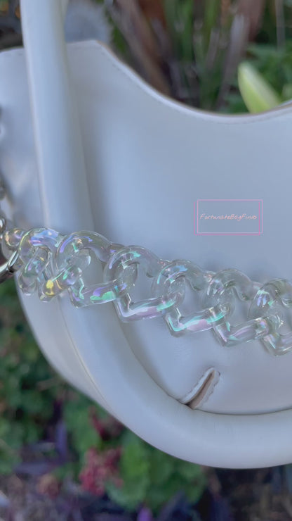 Iridescent Clear Rainbow Ice Triple Hearts Novelty Resin Bag Purse Chain Strap