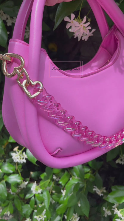 Hot Pink Triple Hearts Novelty Resin Bag Purse Chain Strap