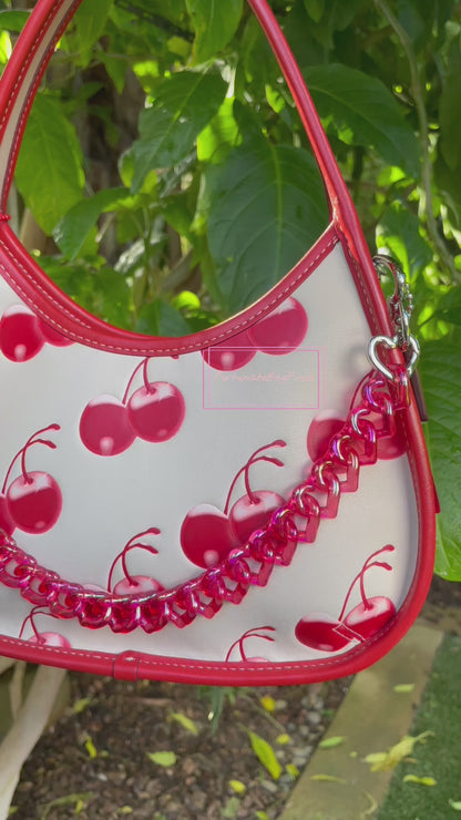 Cherry Red Iridescent Triple Hearts Novelty Resin Bag Purse Chain Strap