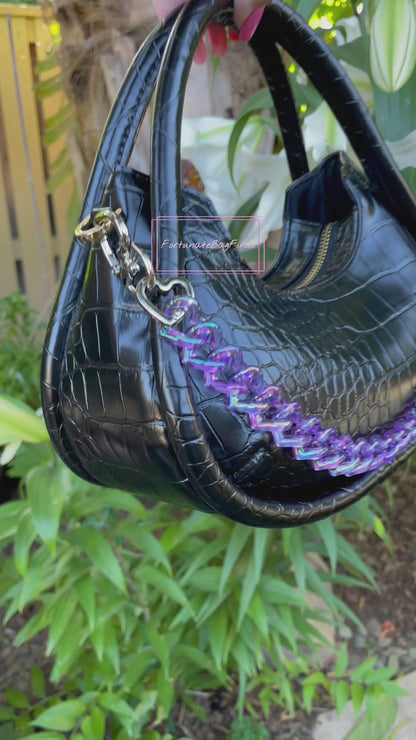 Violet Purple Triple Hearts Novelty Resin Bag Purse Chain Strap